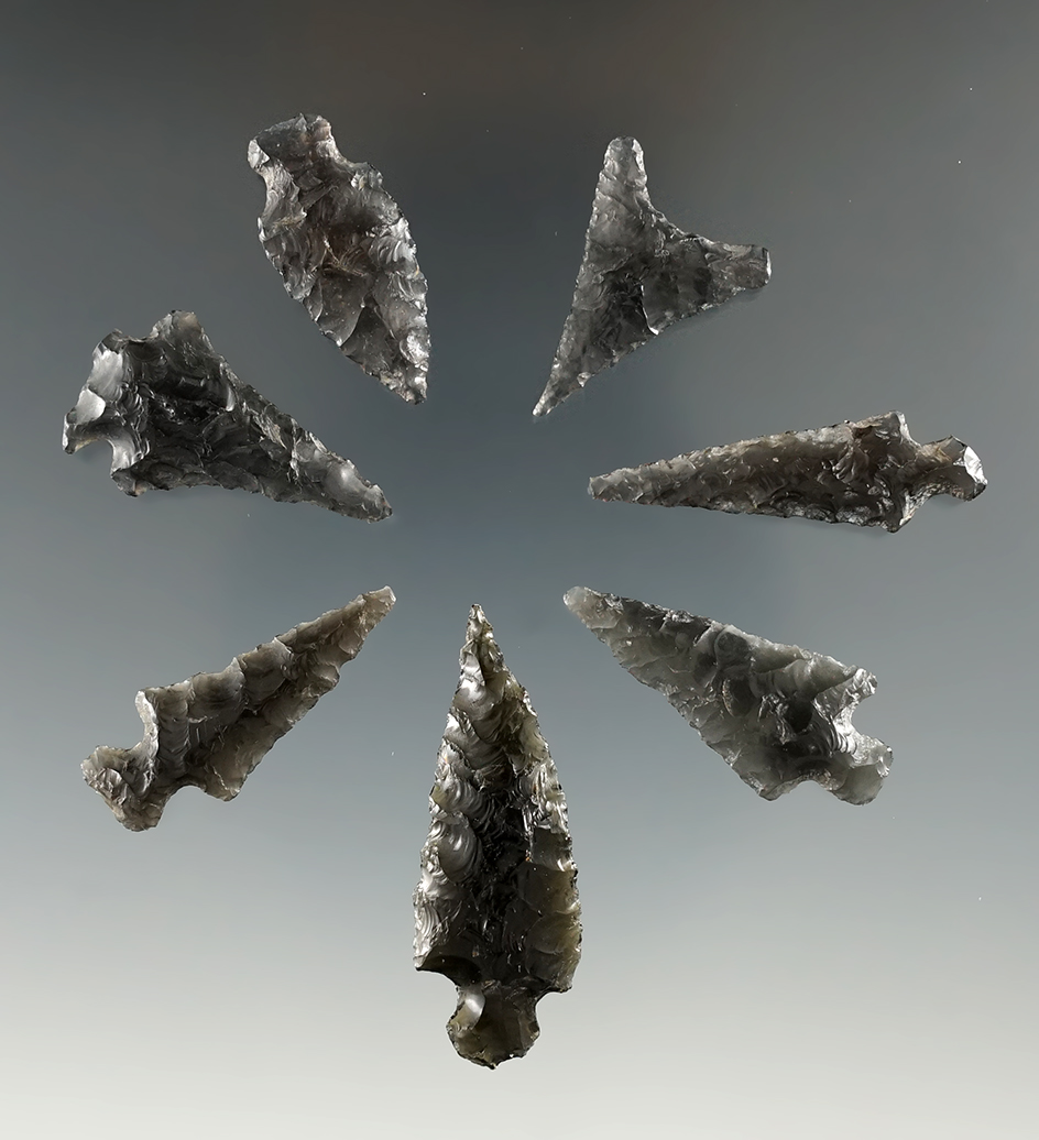 Group of seven obsidian arrowheads found in Lake Co., Oregon, largest is 1 3/8".