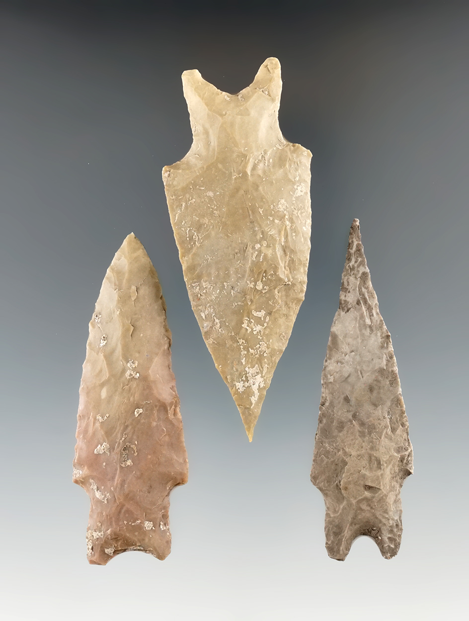 Three Pedernales points found in Texas with needle tips. Largest is 3 1/4".