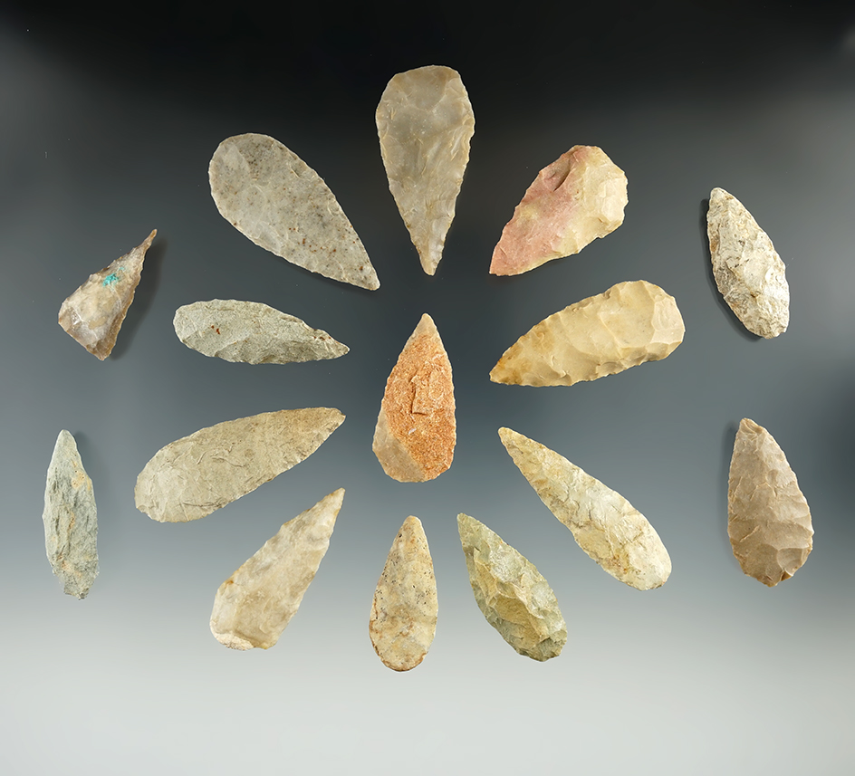 Group of 15 triangular leaf points found in Texas, largest is 2 1/8".