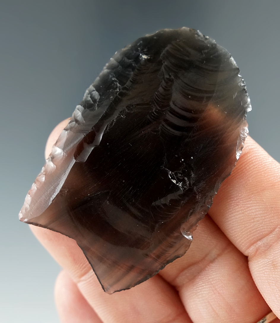 Exceptional! 2 3/16" obsidian Paleo Knife made off a flake of highly translucent  obsidian. Oregon.