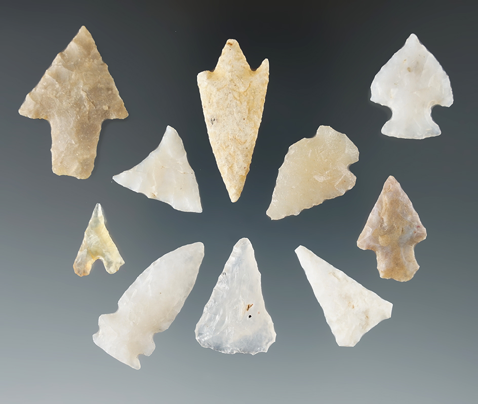 Group of 10 assorted arrowheads  found in Texas, largest is 1 3/8".