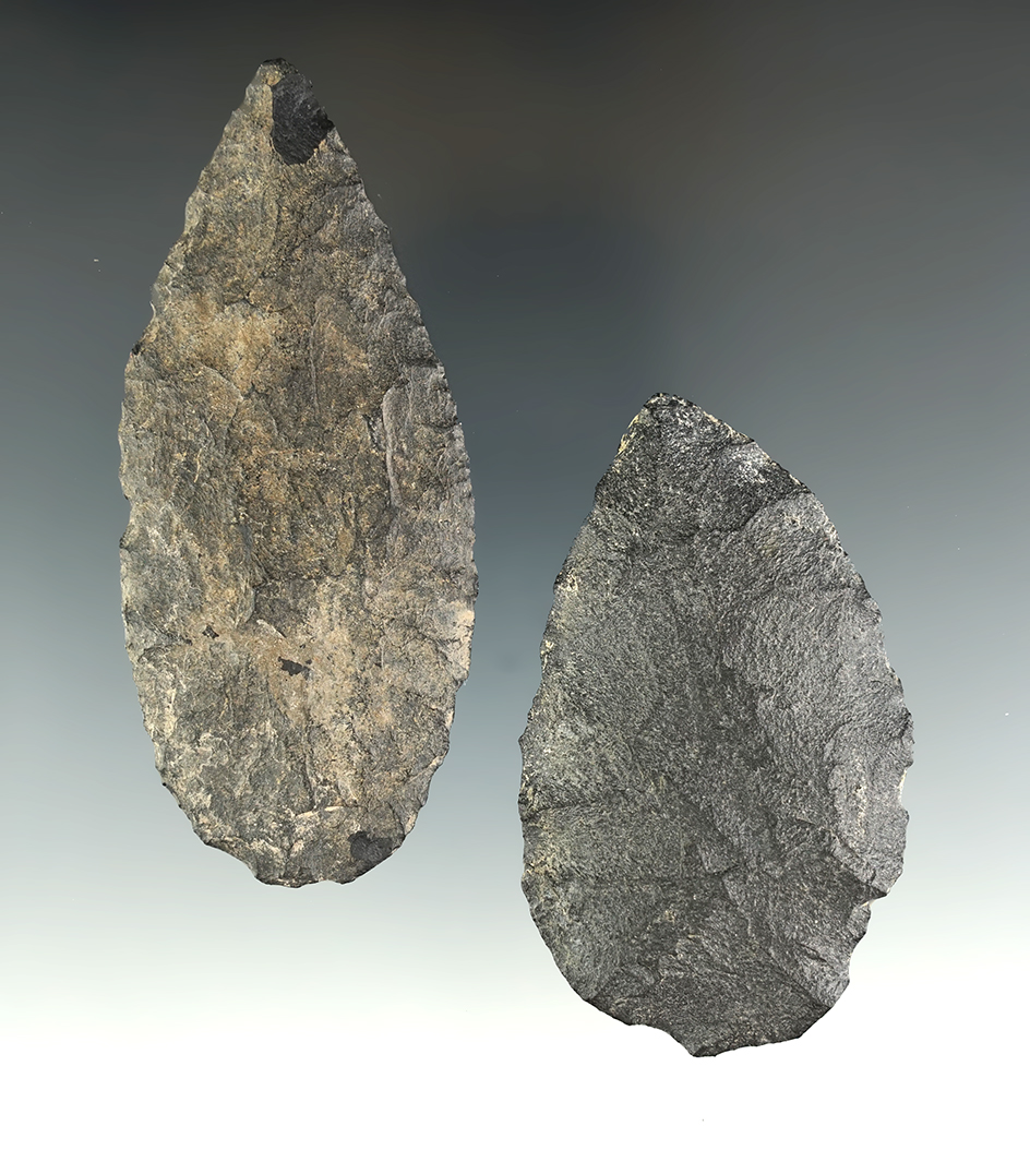 Pair of Basalt blades found in Lake Co., Oregon, that are nicely flaked. Largest is 3 7/16".