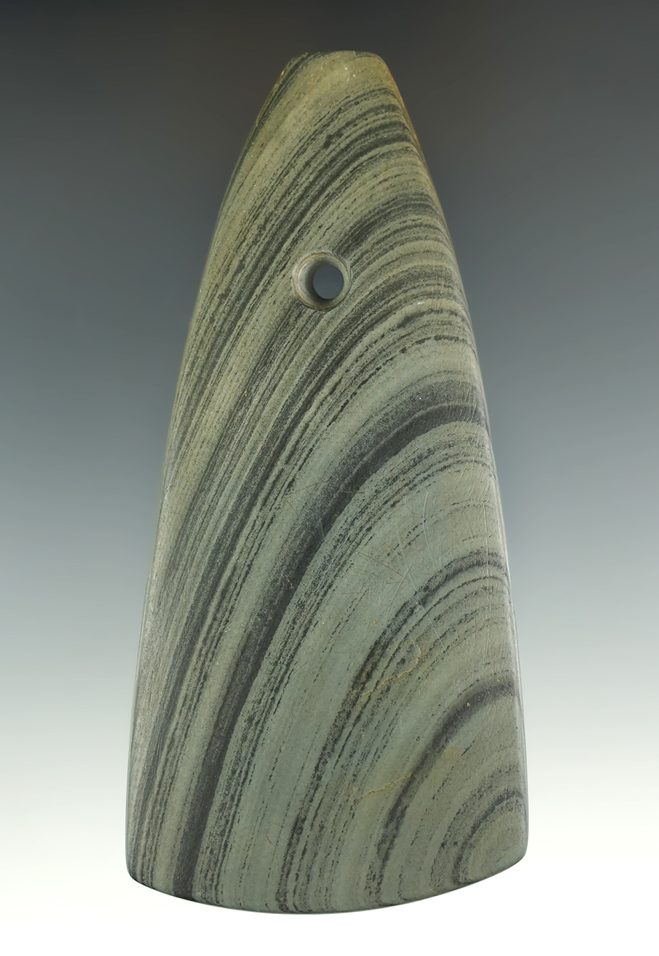 4 3/8" Beautifully Banded Slate Trapezoidal Pendant with tallies on both sides. Cleaned.