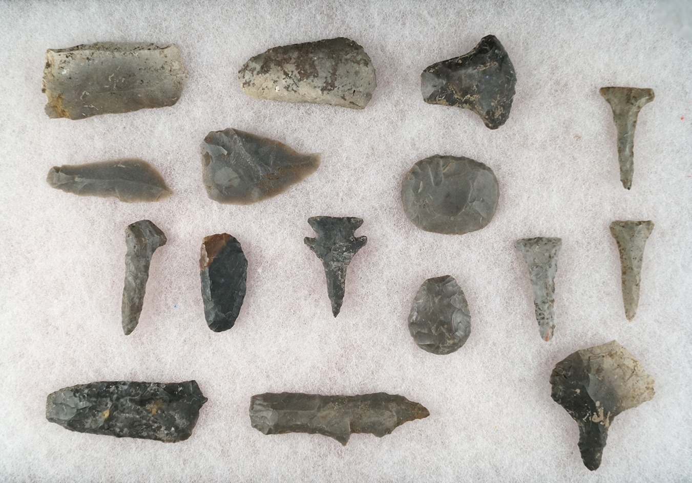 Frame of assorted flaked tools, largest is 2 5/8" made from Hornstone  found in Kentucky.