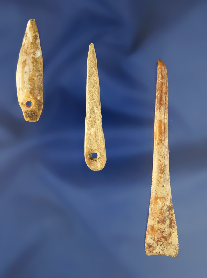 Set of three bone tools found by Art Gerber at the Crib Mound, Spencer Co.,  Indiana.