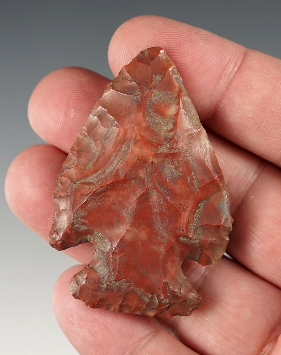Deeply patinated 2 1/4" Flint Ridge Flint Thebes point found in Tuscarawas County Ohio.