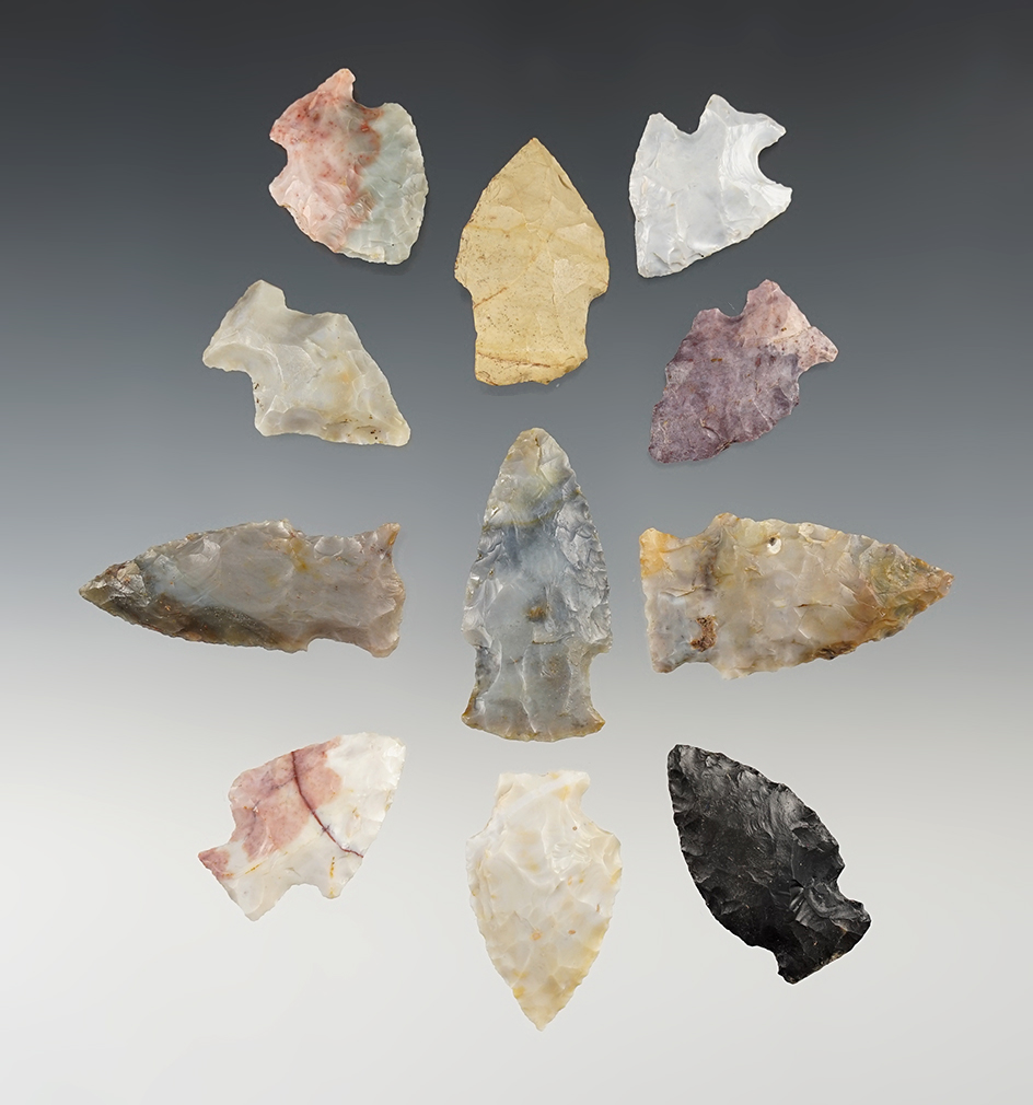 Set of 11 assorted Woodland points found in Ohio. The largest is 1 3/4".
