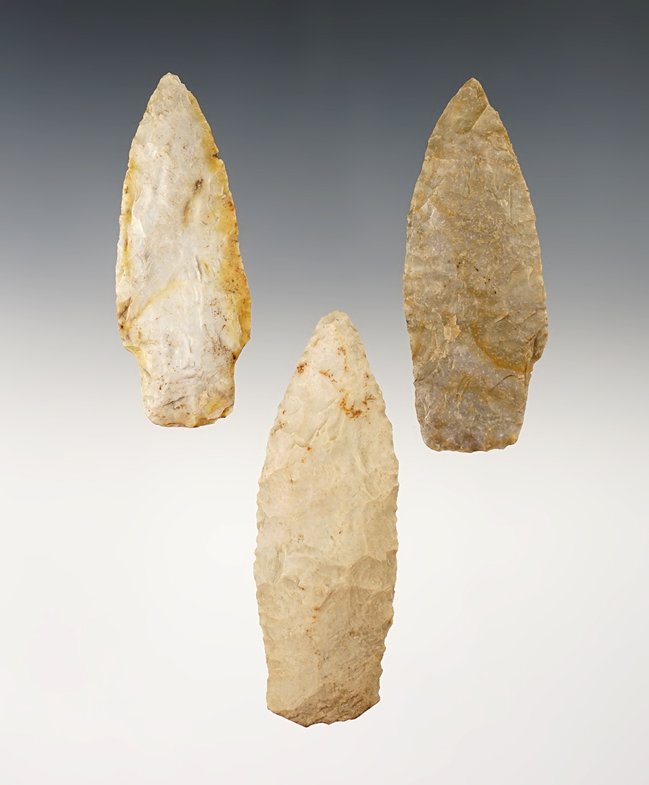 Set of 3 Paleo Stemmed Lances found in Ohio. The largest is 3 1/4".