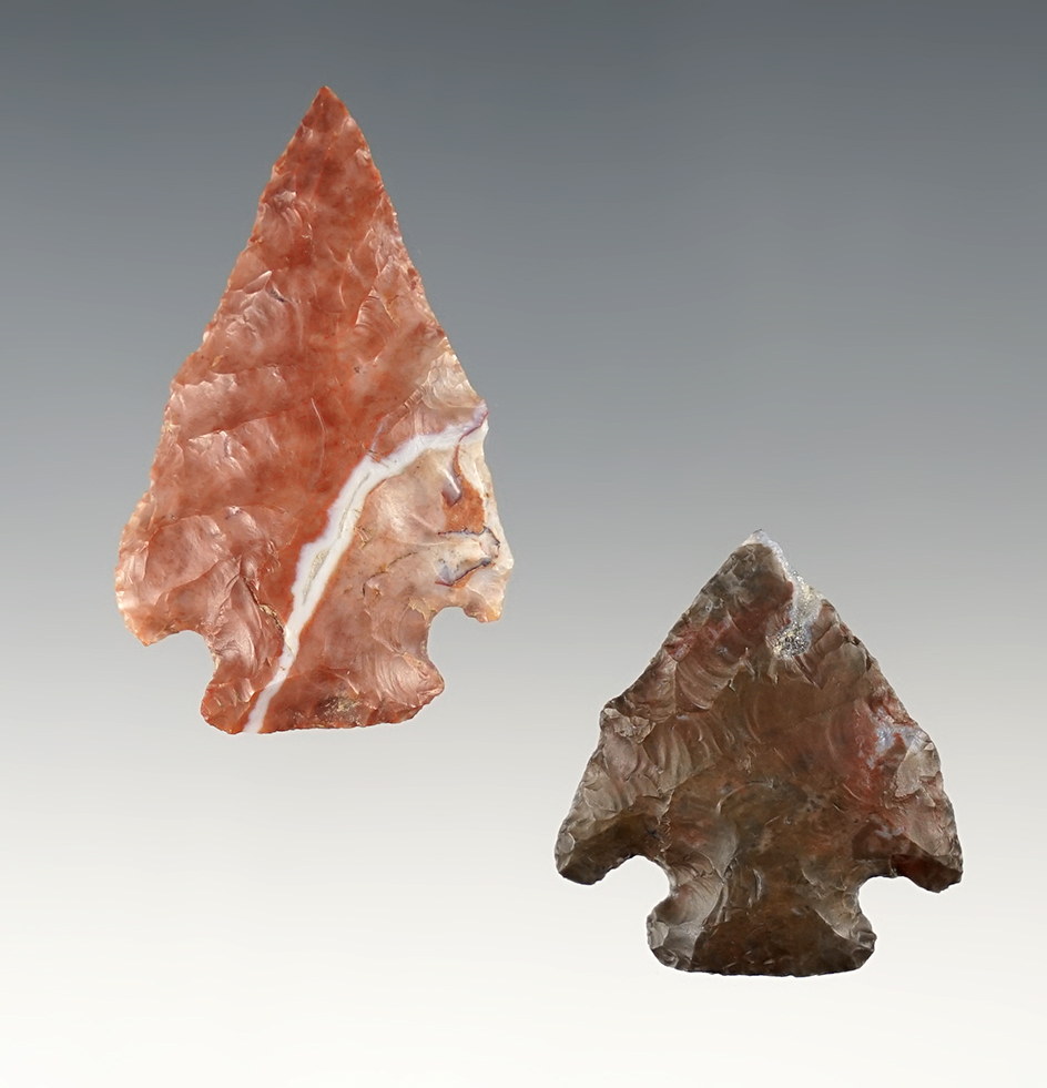 Pair of well made Ohio Pentagonal points - Flint Ridge. Largest is 1 13/16".
