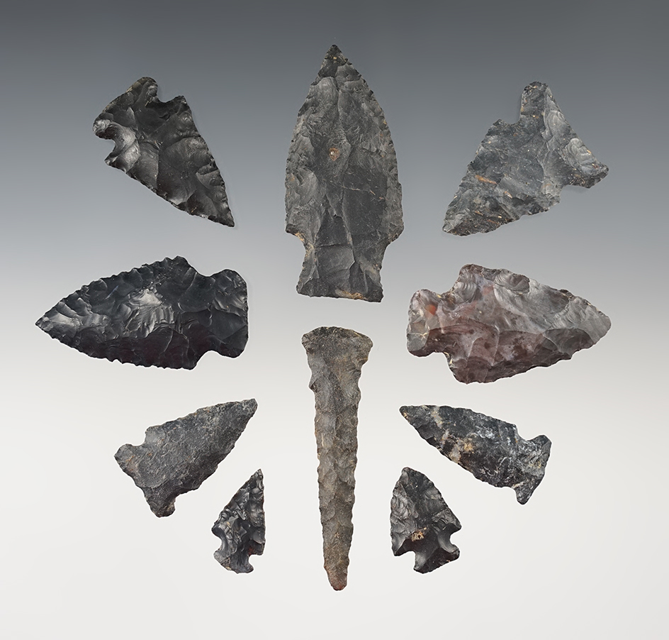 Set of 10 assorted points made from Coshocton Flint. Jefferson Co., Ohio. The largest is 2 3/8".