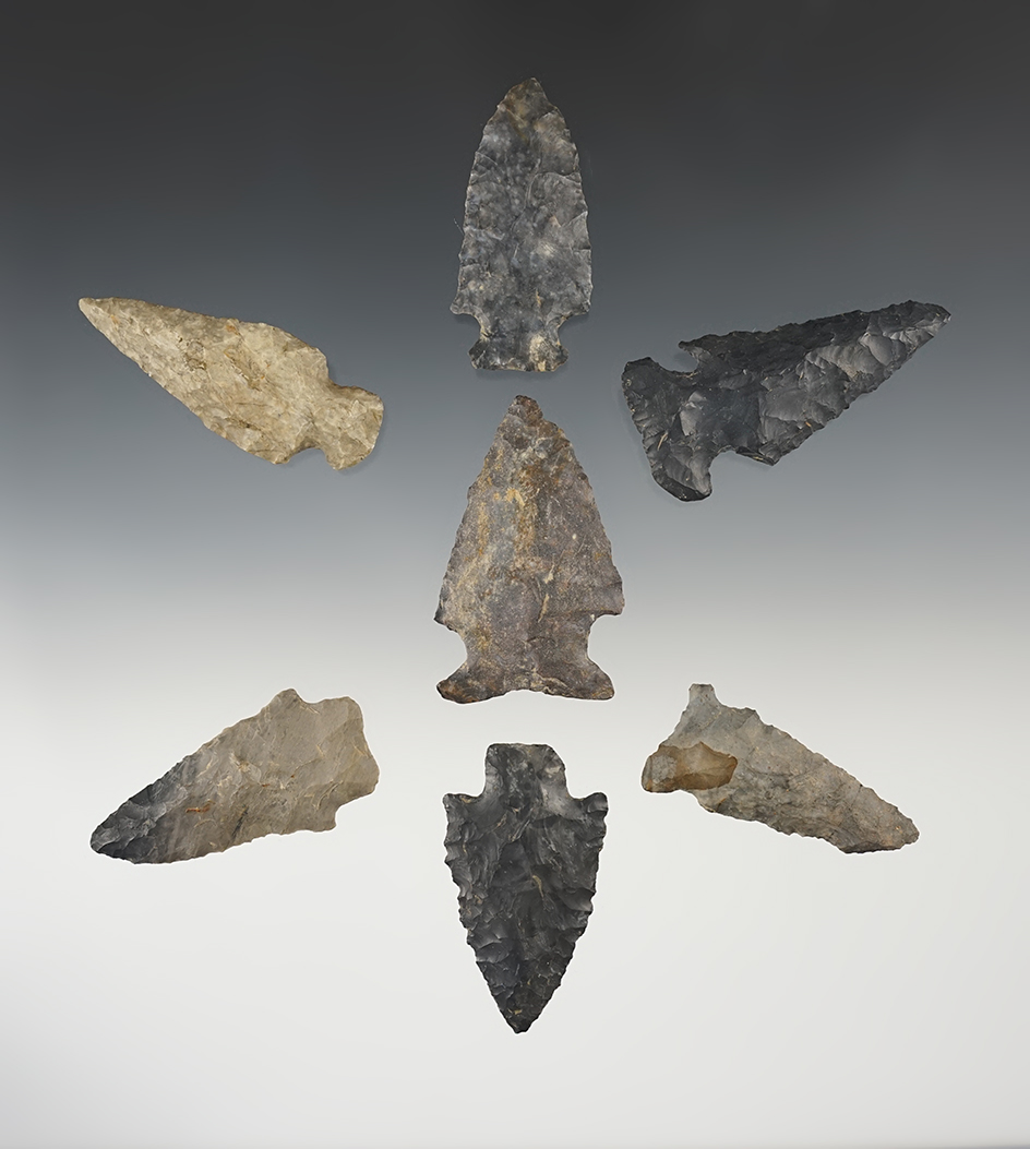 Set of 7 nicely made points found in Stark & Tuscarawas Co., Ohio. The largest is 2 11/16".