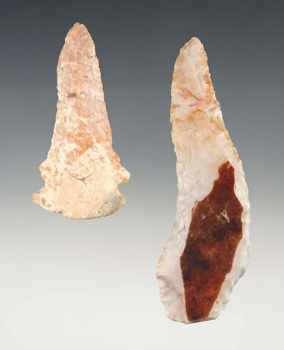Pair of colorful Ohio relics. One is a finely flaked Uniface Knife. The larger is 3 3/8".