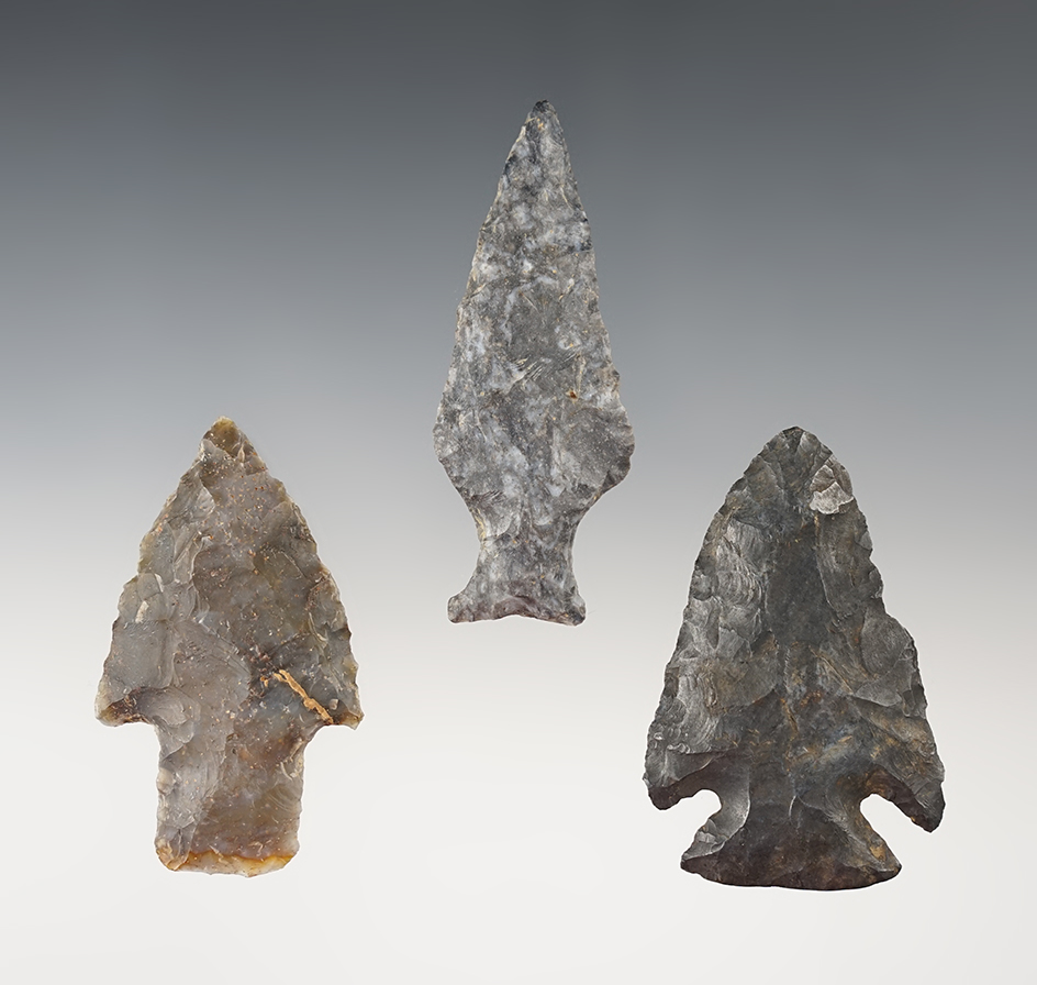Set of 3 well made Ohio points including a nice Ashtabula, Adena and early Archaic point. 