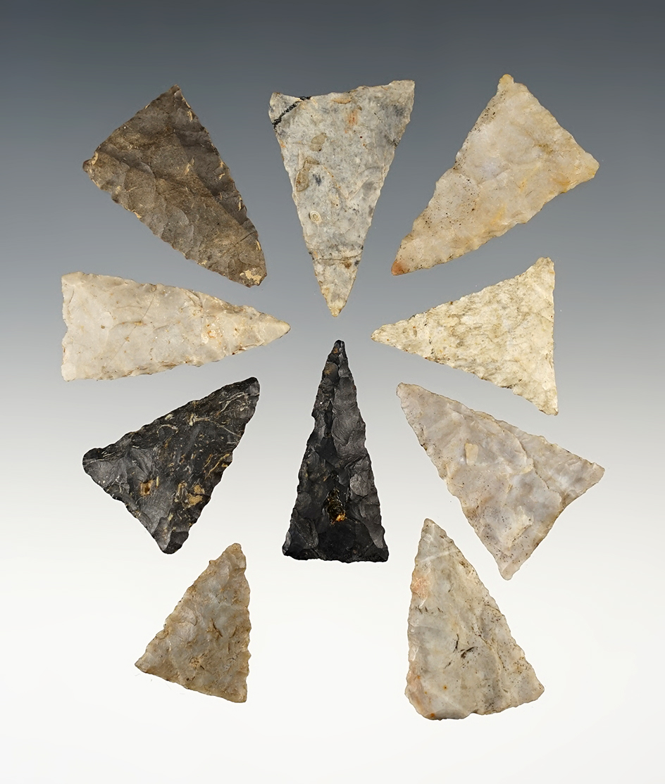 Set of 10 nice Triangle points found in Stark & Tuscarawas Co., Ohio. The largest is 1 5/16".