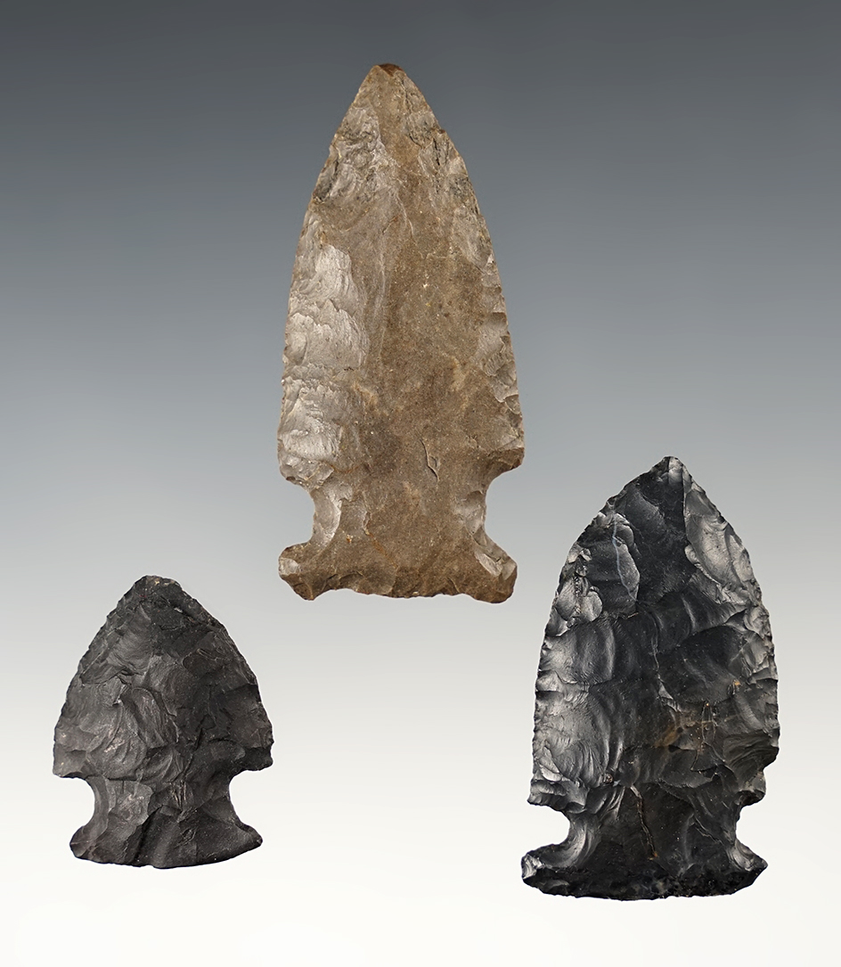 Set of 3 well made Archaic Sidenotch points found in Ohio. The largest is 2 5/16".