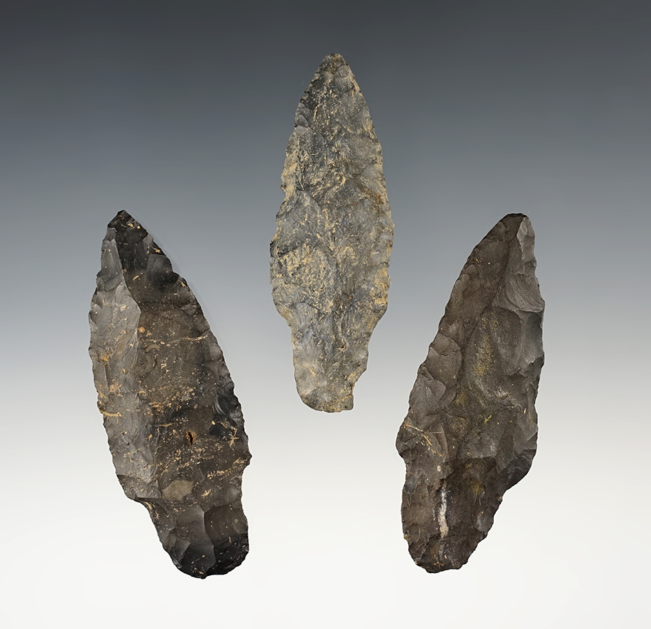 Set of 3 nicely made Adena points found in Stark Co., Ohio. The largest is 3".