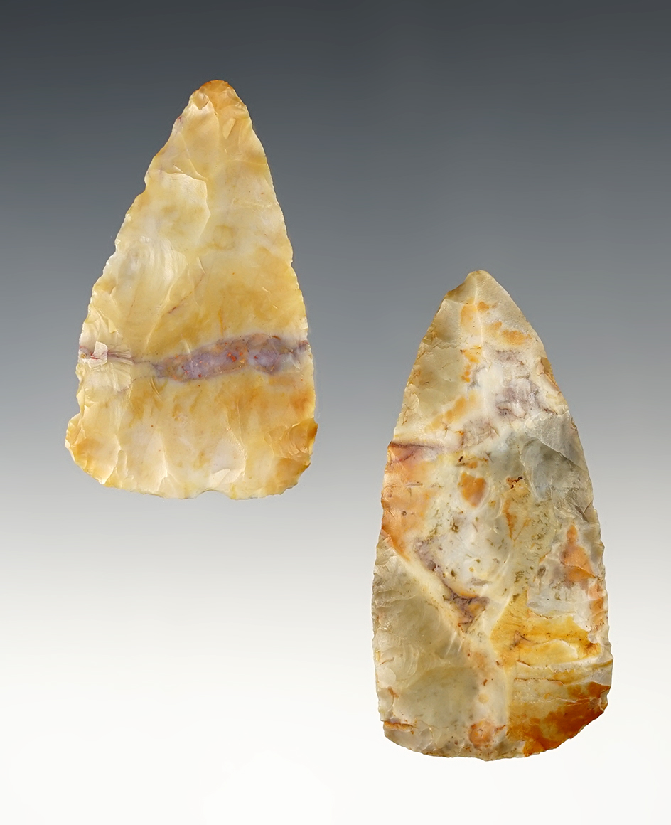 Pair of highly colorful Flint Ridge Hopewell Blades. Found in Ohio. The largest is 2 1/2".