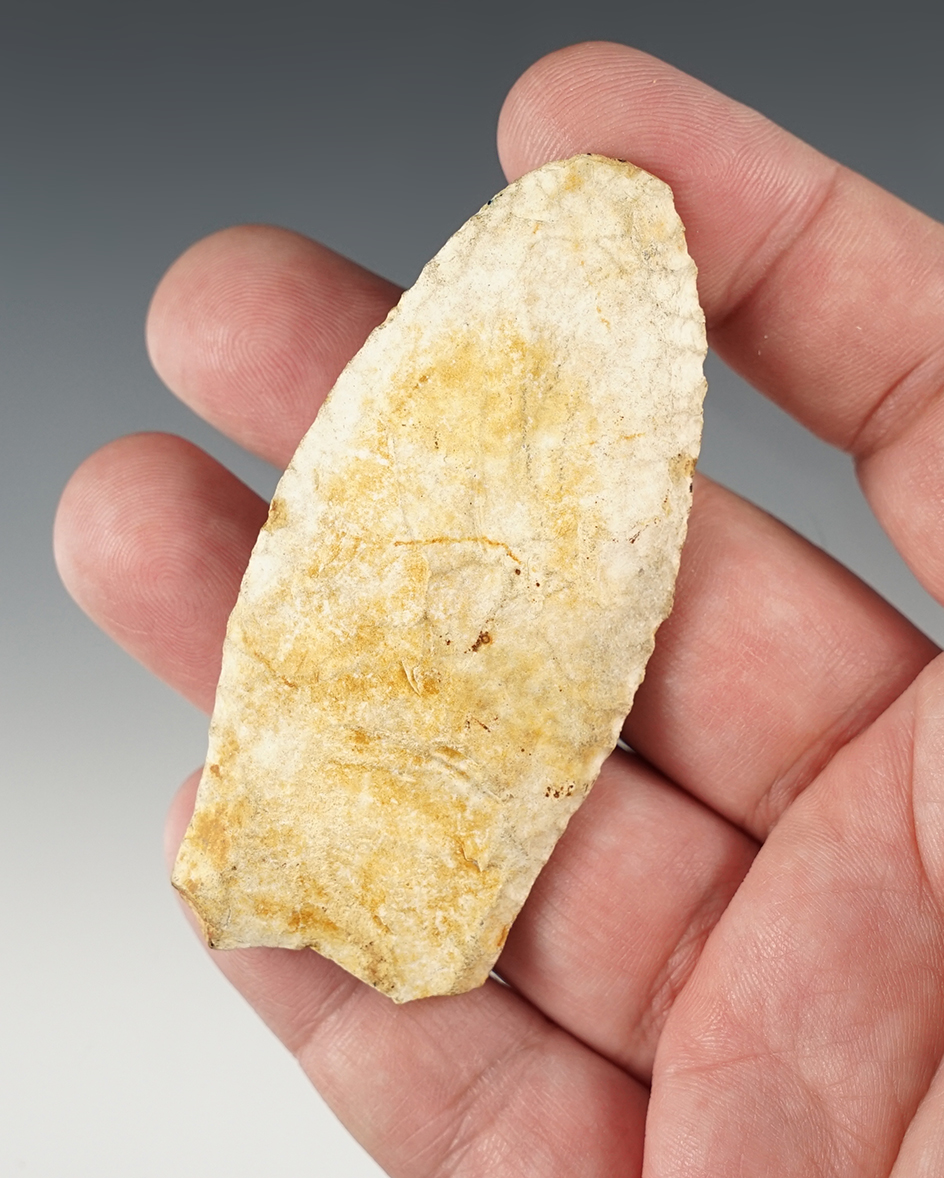 3" Paleo Clovis point that is well patinated. Found in Scott Co., Kentucky.