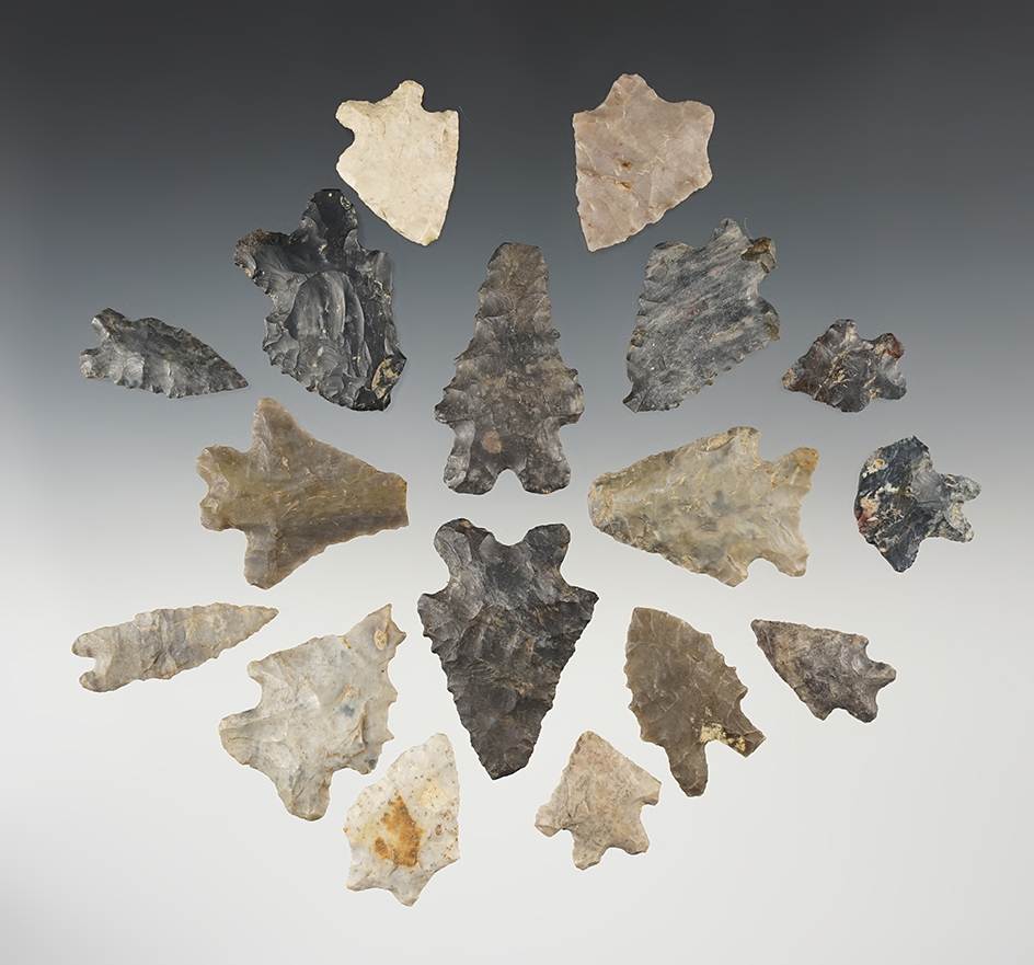 Set of 17 Archaic Bifurcated points found in Tuscarawas and Stark Co., Ohio. Largest is 2 1/16".