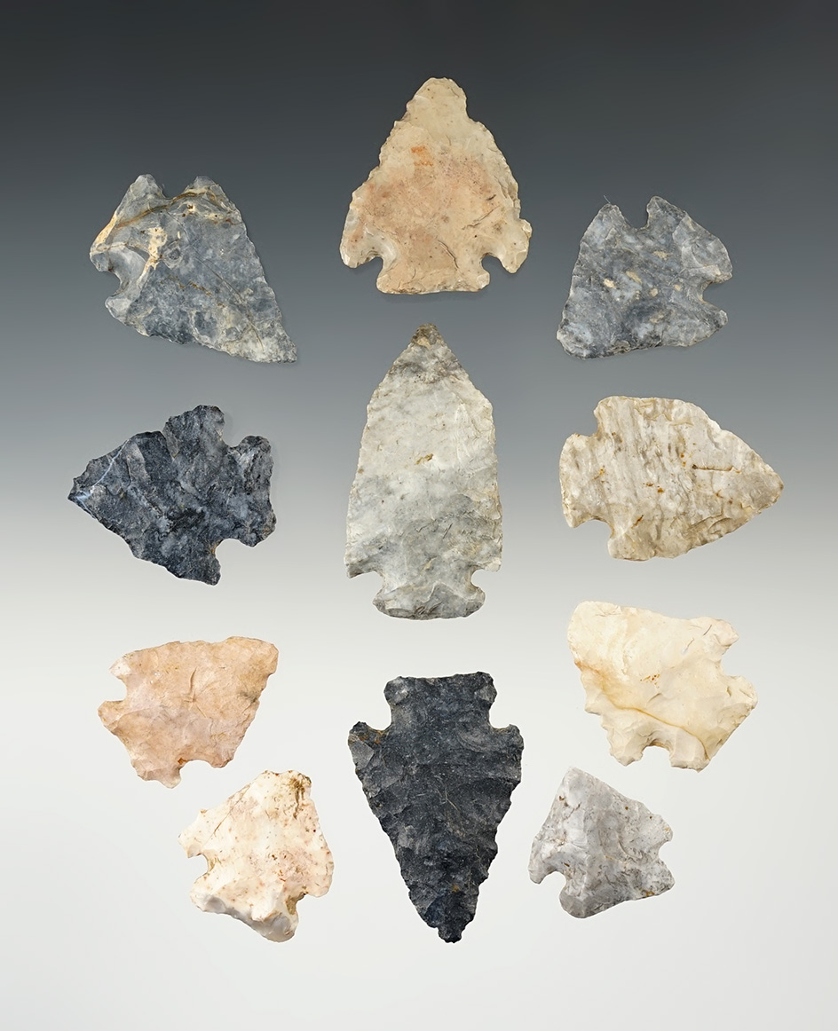 Set of 11 nice Archaic Pentagonal points found in Ohio. The largest is 2".