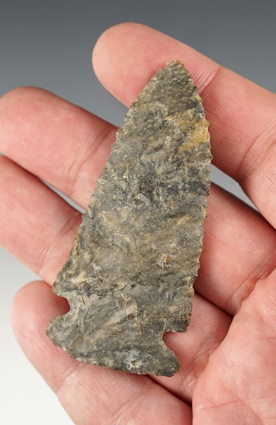 Nicely made 2 13/16"  Cornernotch made from Coshocton Flint. Found in Stark Co., Ohio. 