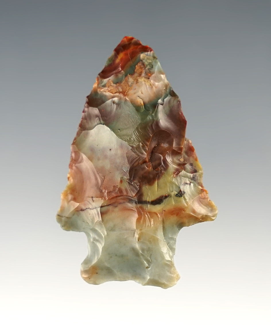 Highly colorful 2" Stemmed point- Ohio. Multi-colored Flint Ridge Flint. Ex. Paul Hothem.