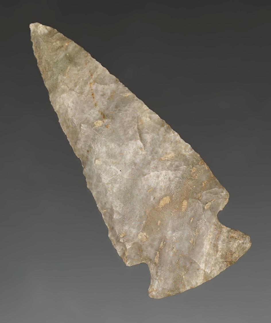 2 9/16" Corner Notch made from Indiana Green flint. Found in 1933 in Cass Co., Indiana.