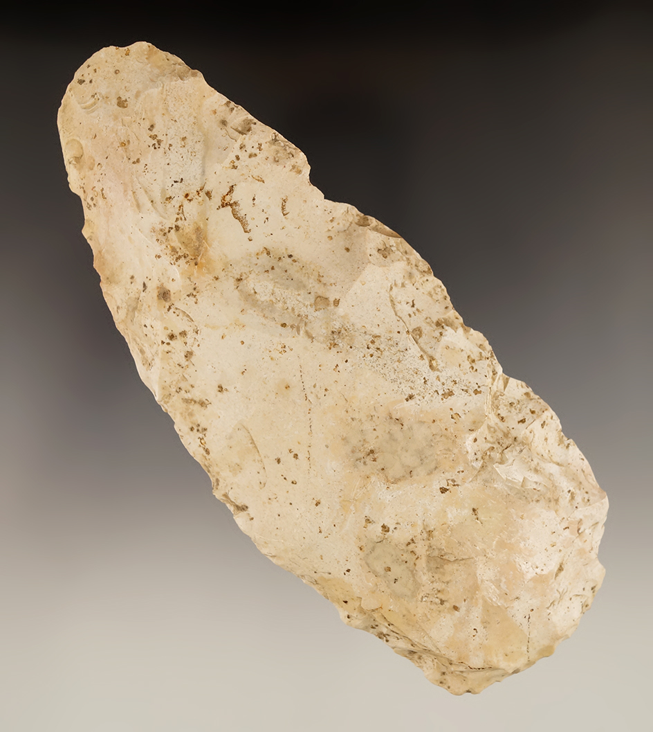 Large 6 3/16" Burlington chert biface knife found in Southwest Missouri.
