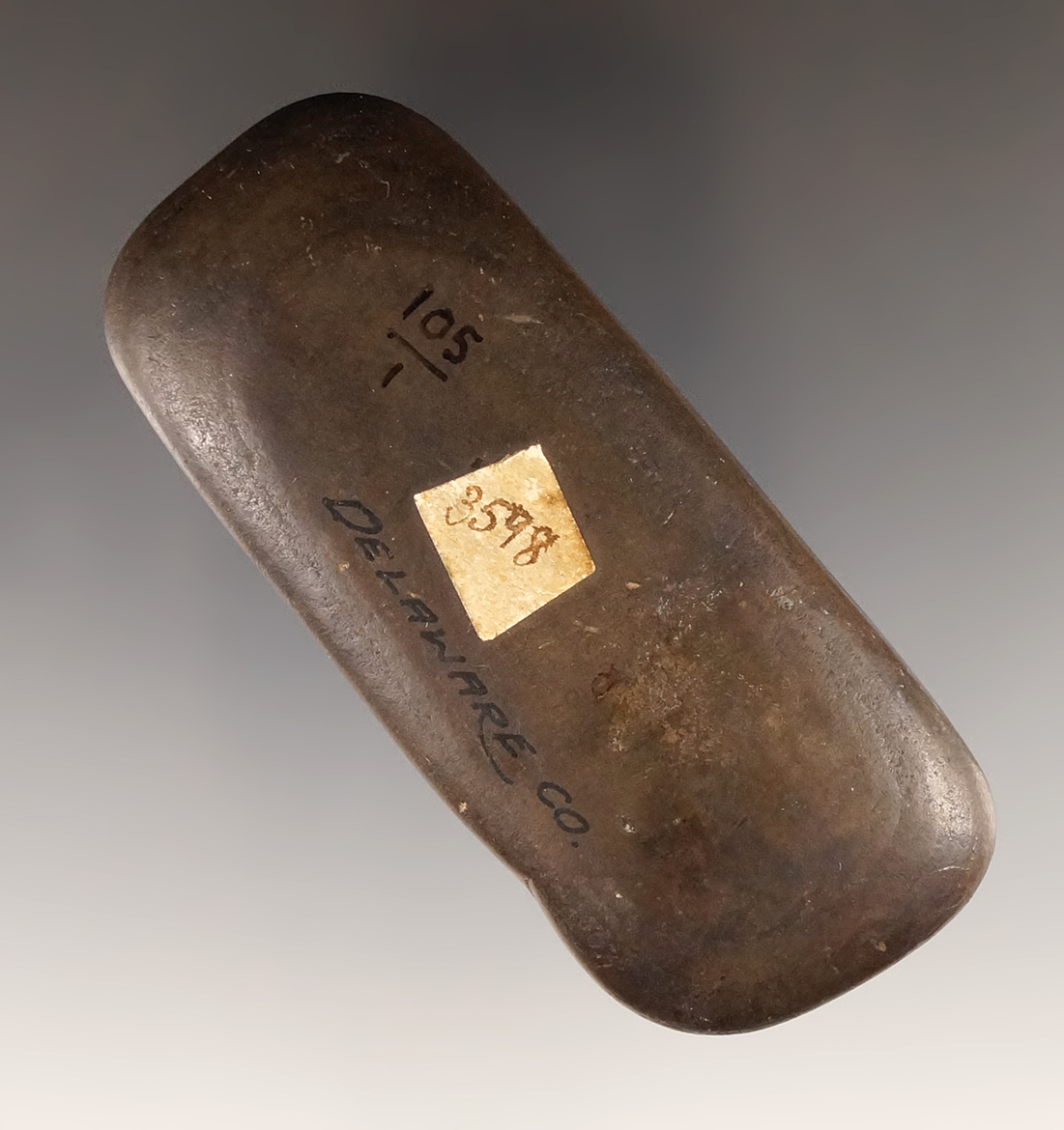 3 3/8" Undrilled Rectangular Slate Tablet found in Delaware Co., Ohio. Ex. Dr. Stanley Copeland.