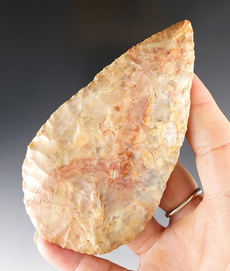 Fine 4 3/8" Ohio Cache Blade made from highly colorful Flint Ridge Flint. Ex. Sauer collection.