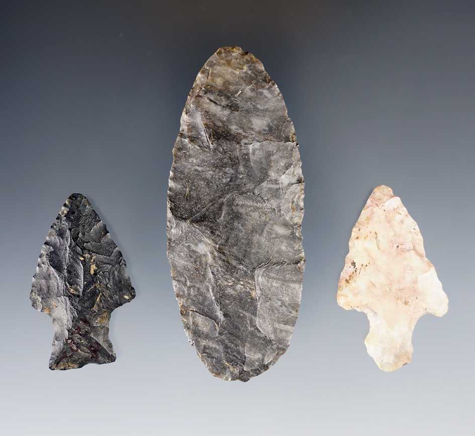 Set of three flint artifacts including a 3 3/16" Upper Mercer Flint Blade.