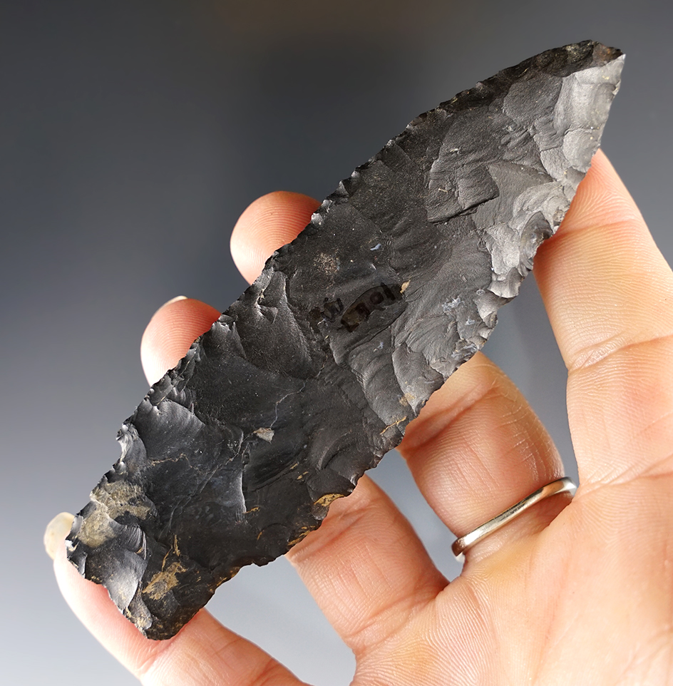 Nice 4 1/8" Paleo Stemmed Lanceolate found in Ohio. Made from Coshocton Flint.