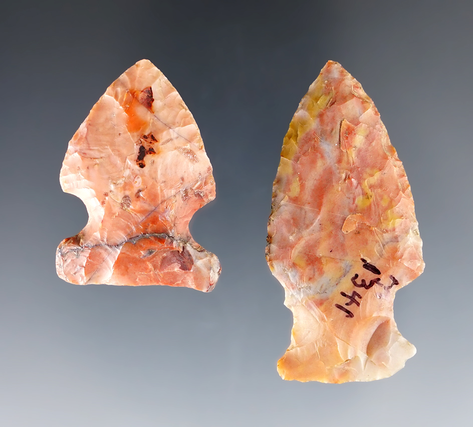 Pair of highly colorful Flint Ridge points including a Hopewell. The largest is 1 7/8".
