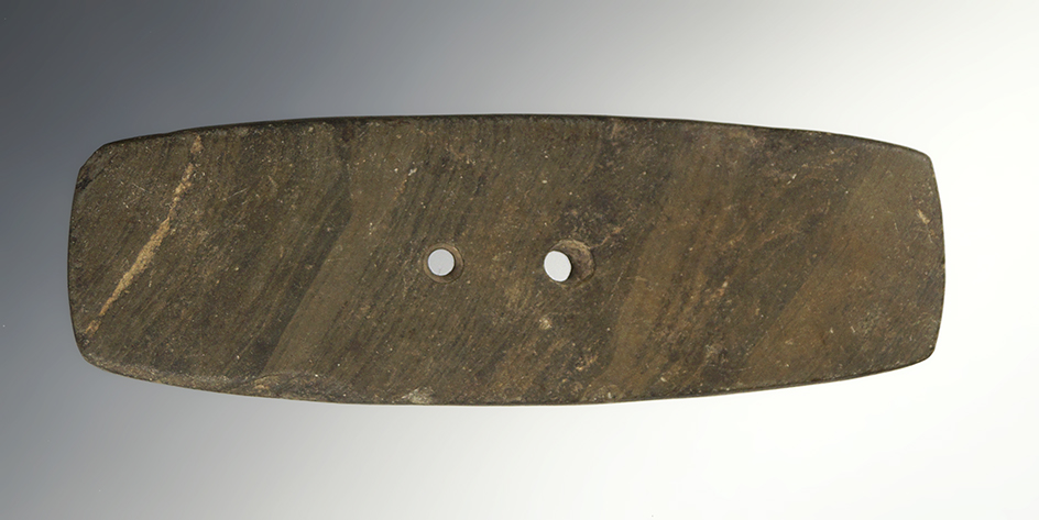 4 1/4" Hopewell Rectangular Gorget - green Banded Slate. Found in Auglaize Co., Ohio.