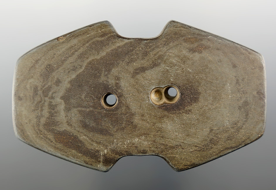 3 3/8" Indented Gorget made from Banded Slate - Medina Co., Ohio, near Seville. Bennett COA.