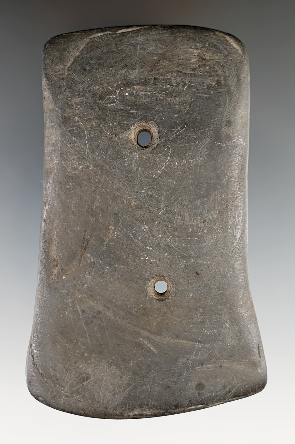 3 9/16" Gorget made from black Slate, found in Hardin Co., Ohio. Ex. Danny Cross. Davis COA.