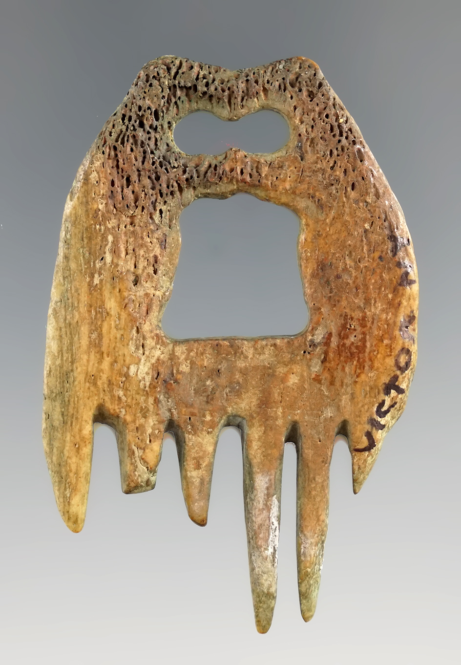 Nice! 2 9/16" dual Bear effigy Iroquois bone comb found in New York.