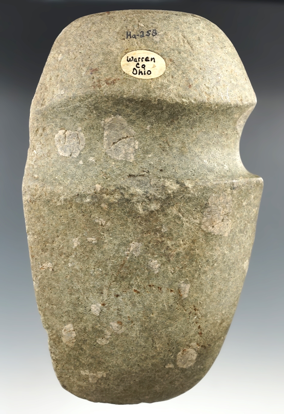Large 7 1/2" fluted top 3/4 grooved porphyry Axe found in Warren Co., Ohio.