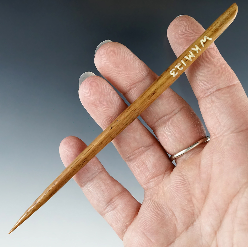 Excellent patina and nice polish on this Bone Needle that is 5 3/8" long. Found in Washington.