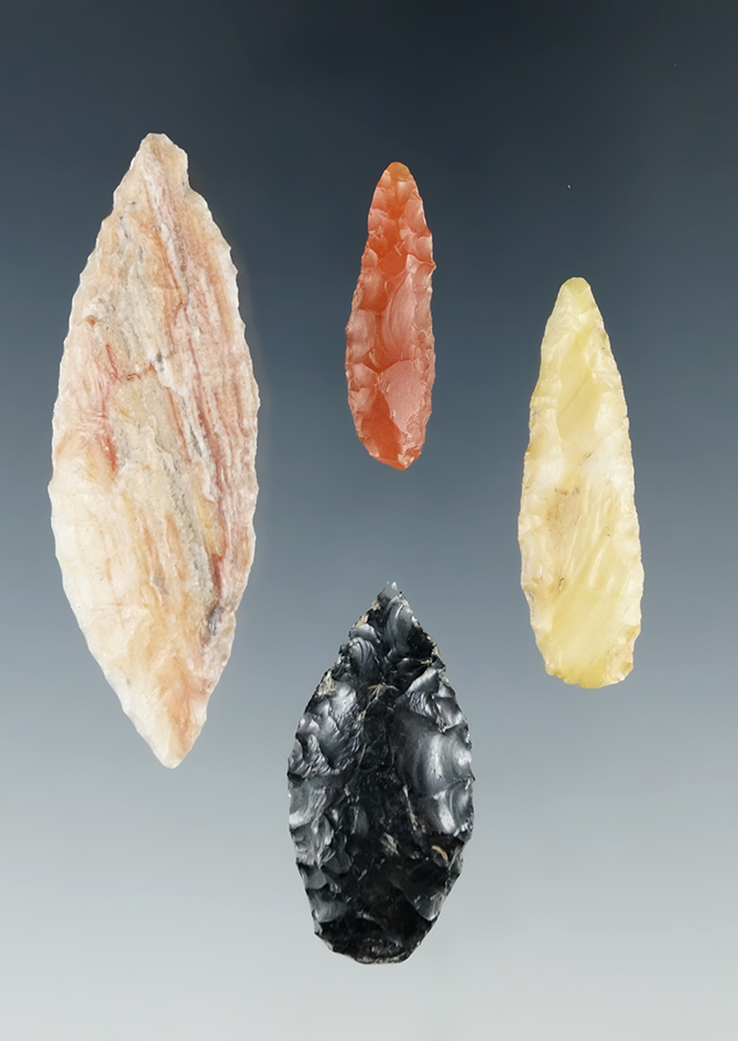 Set of three flaked artifacts including a 2 1/4" Cascade, a Spedis point and two small Drills.