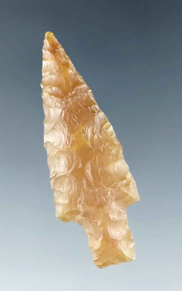 Well styled 1 15/16" stemmed dart point - beautiful semi translucent yellow chalcedony.