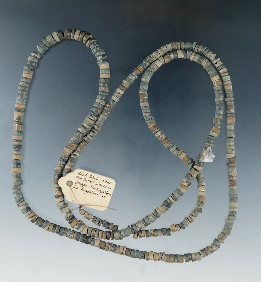 Fine Strand of Columbia River small, disc Beads, 32" long. Bead Patch site Wasco County Oregon.
