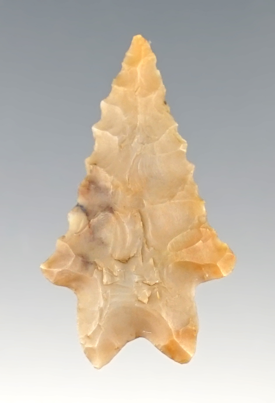Exceptional 1 1/4" Bifurcate made from patinated Flint Ridge Flint. Found in Delaware Co., Ohio.