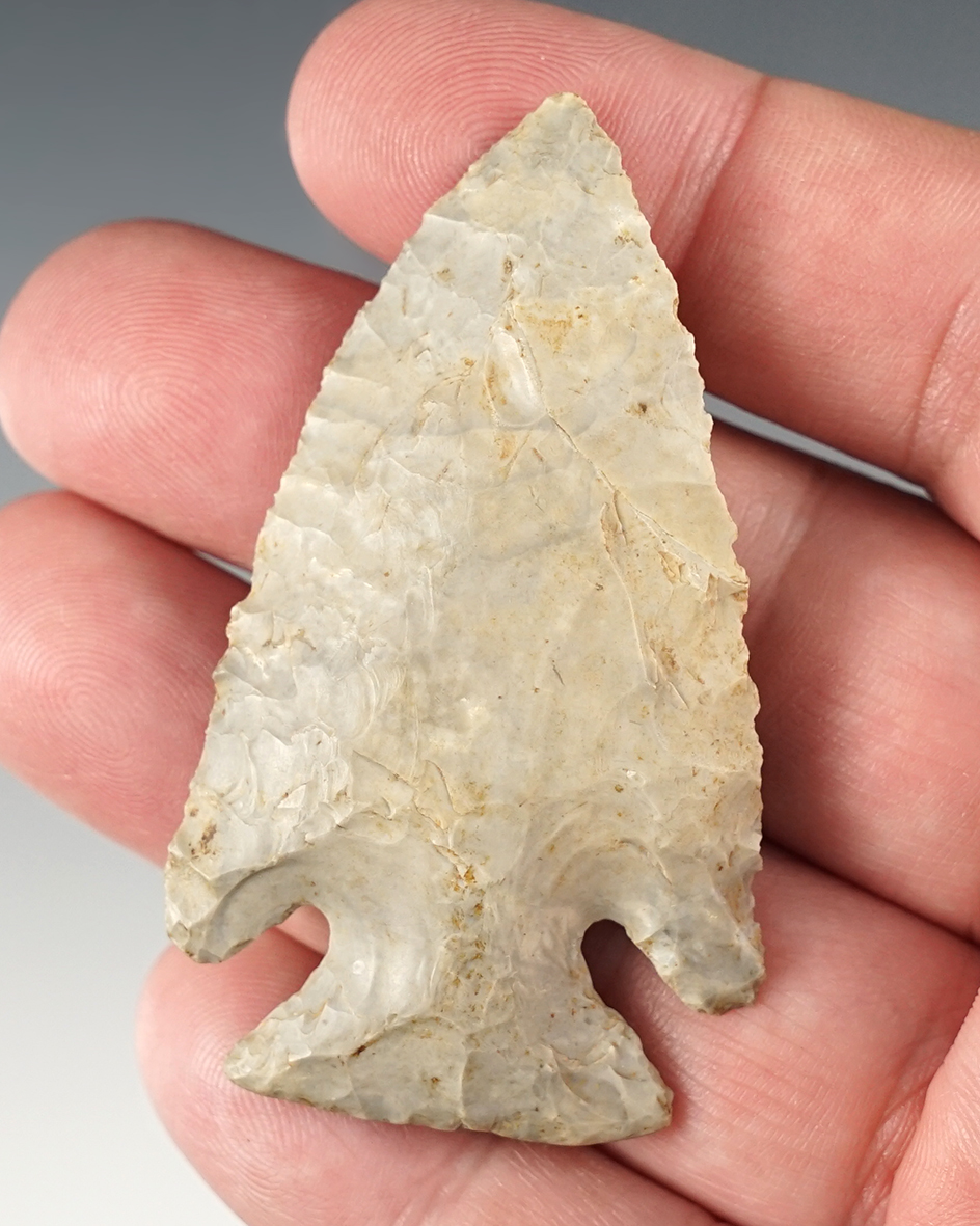 Well made 2 1/2" Lost Lake with excellent ancient basal grinding. Found in Licking Co., Ohio.