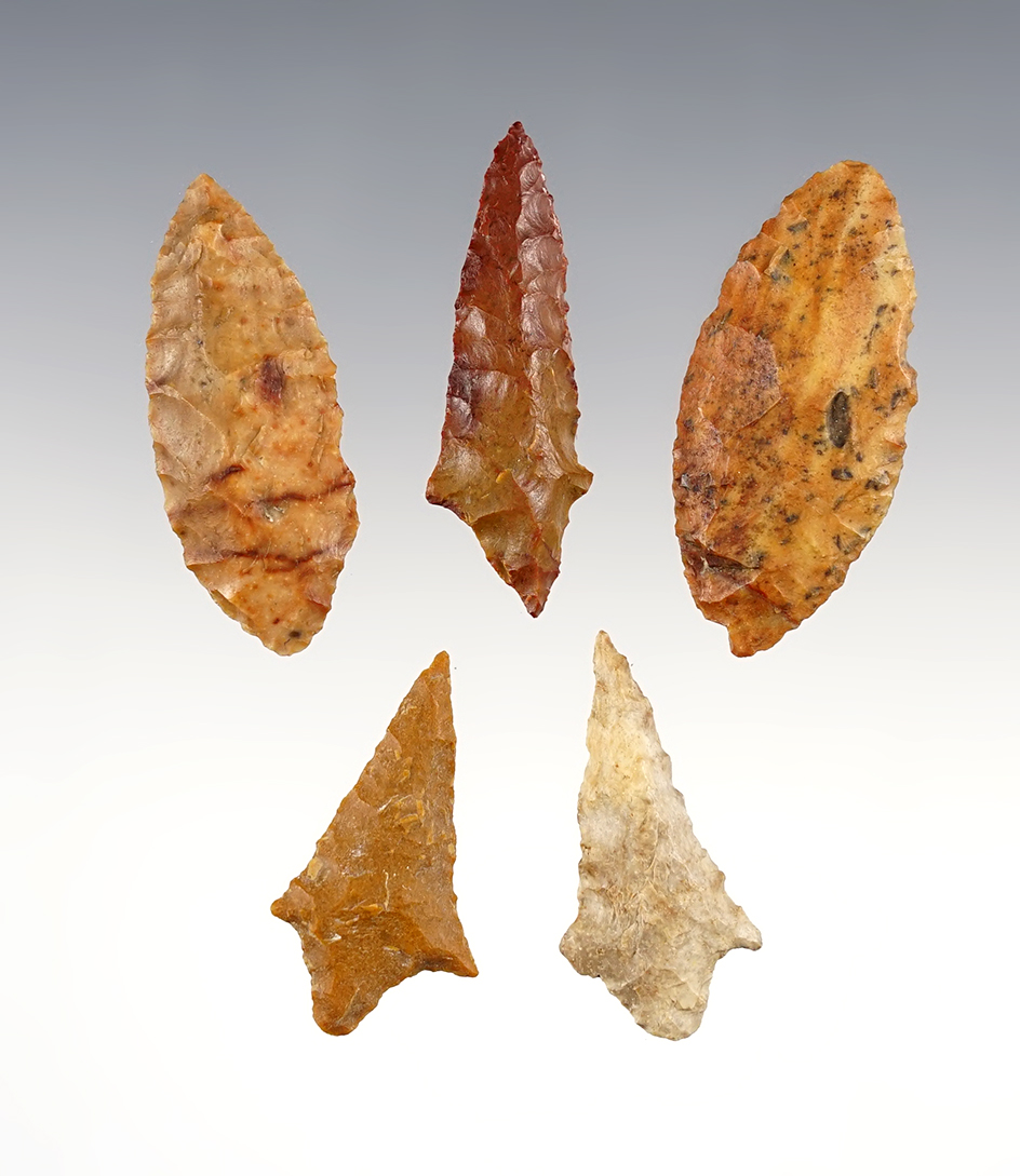 Set of 5 heavily patinated points found in the Southern U.S. The largest is 1 11/16".