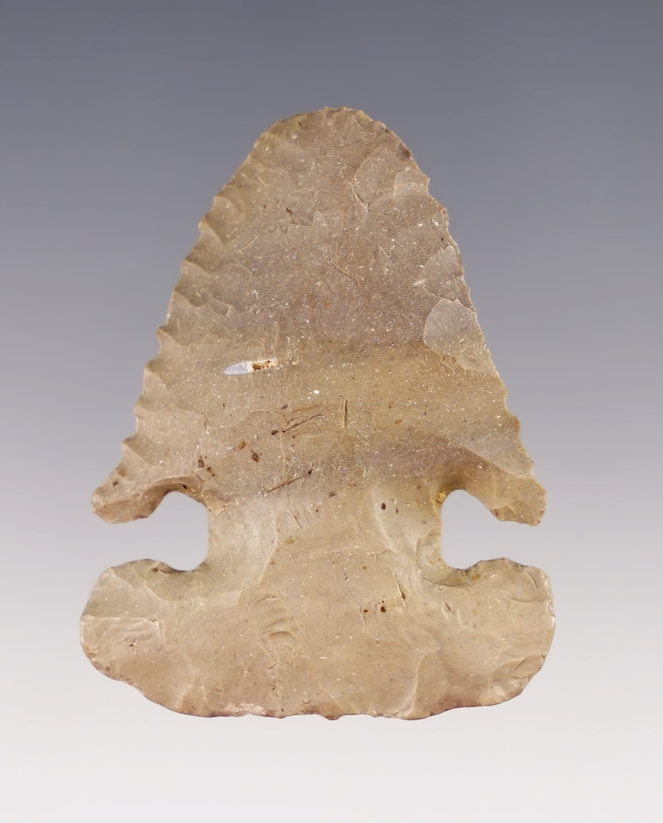 1 7/8" Classic base E-Notch Point made of Delaware Chert. Found in Delaware Co., Ohio.