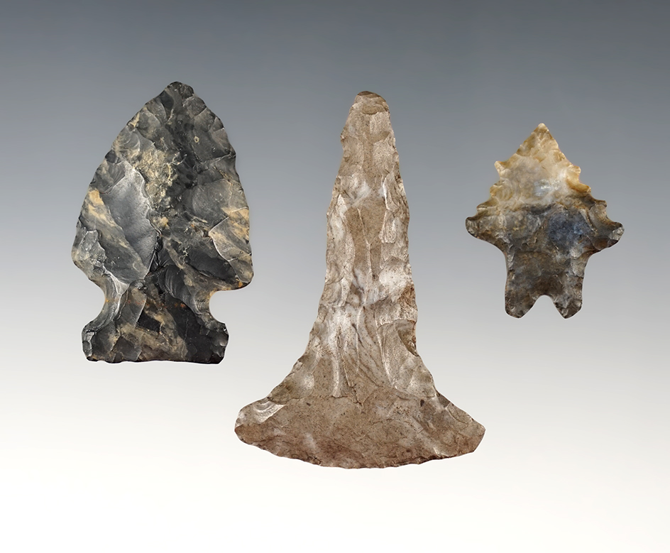 Set of 3 well made Ohio points including a rare burin flaked Lake Erie Bifurcate. 