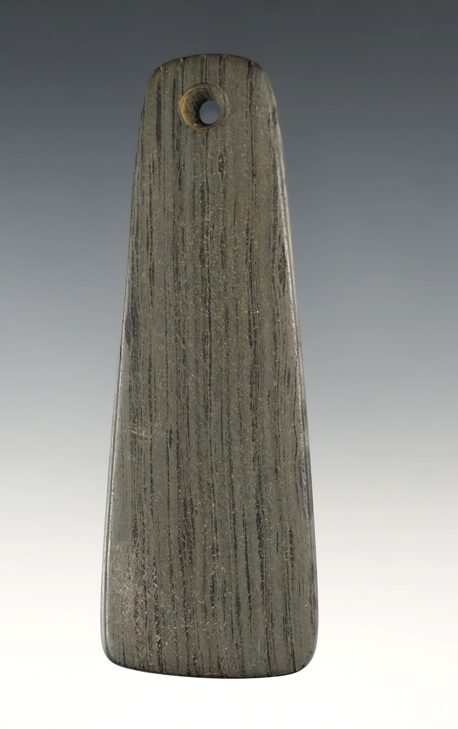3 7/8" Trapezoidal Pendant found in Wood Co., Ohio with tallies. A very nice relic.