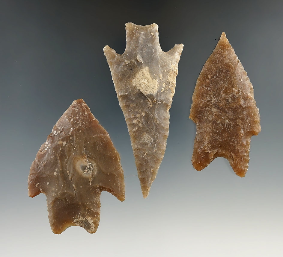 Set of three nice Pedernales points found in Central Texas, largest is 3 1/4".