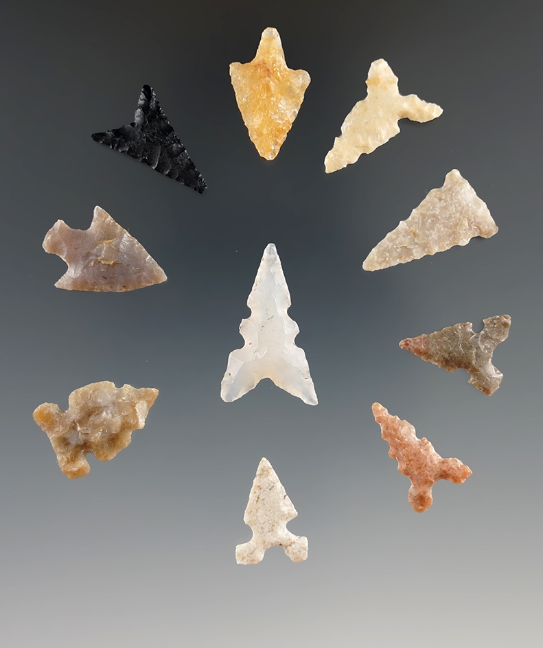 Set of 10 assorted Texas bird points, largest is 1".